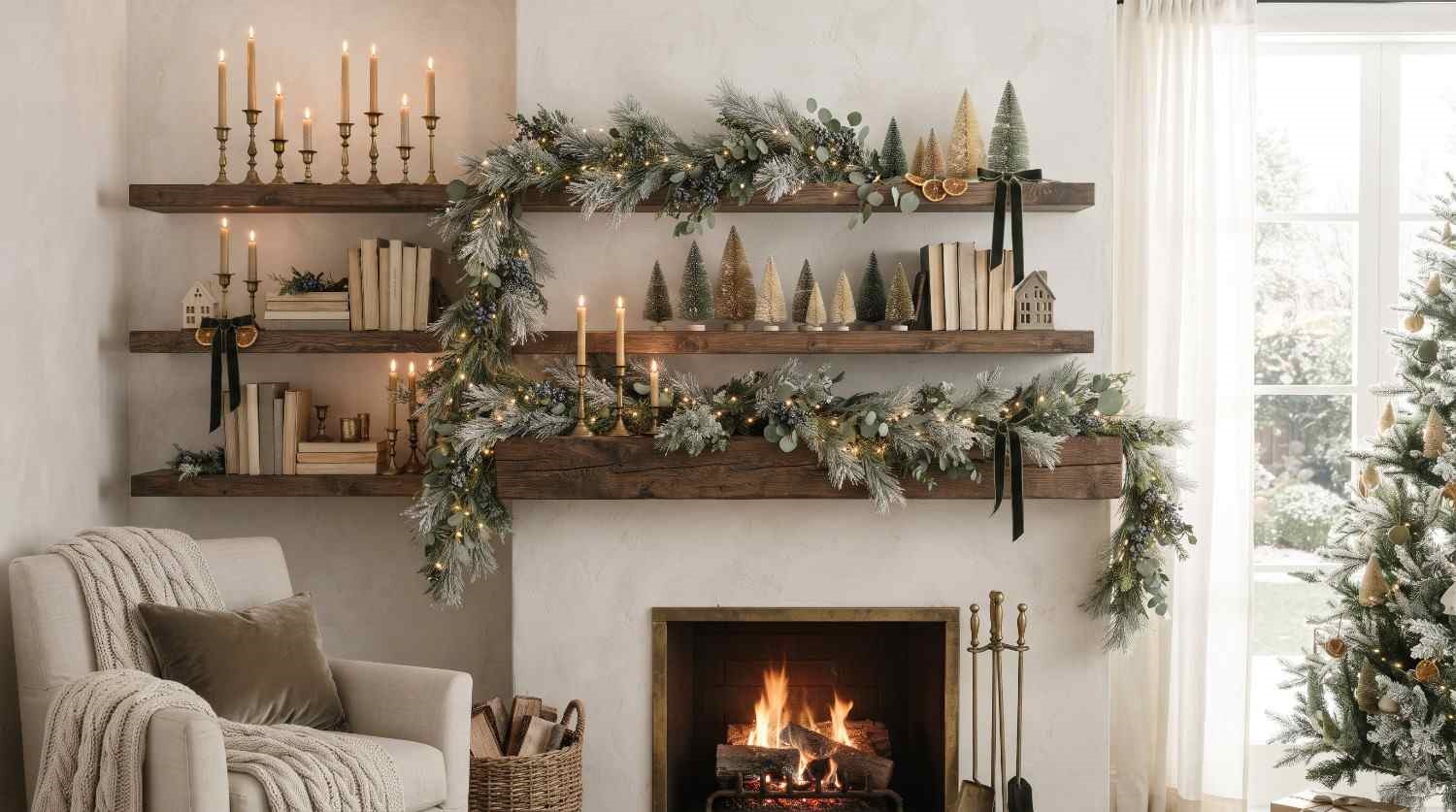 Ultra-realistic cozy living room shelves styled for Christmas with frosted pine garlands warm fairy lights vintage brass candlesticks neutral books and miniature bottle brush trees.
